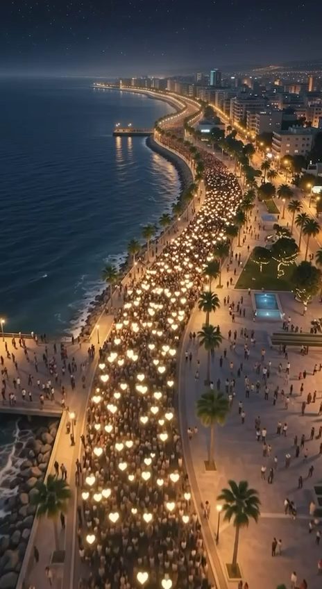 The Limassol seafront filled with people carrying glowing hearts